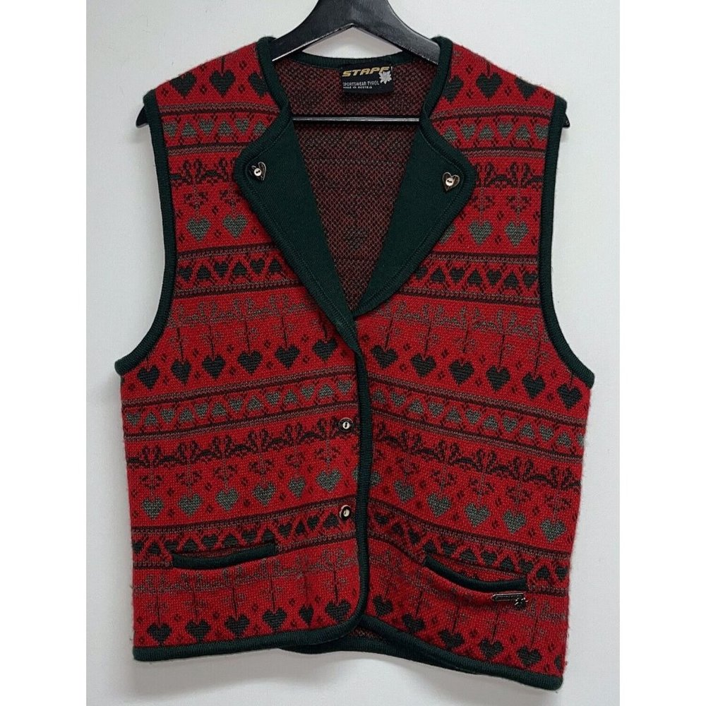 Vintage Stapf Sportswear Tyrol Womens Wool Vest 42 S/M Red Green Austria Hearts